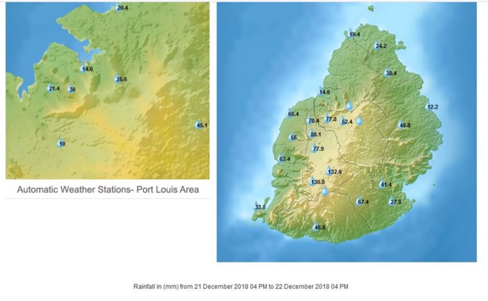 Maurice: pluies en 24h à 16h. Données de MMS/Vacoas.