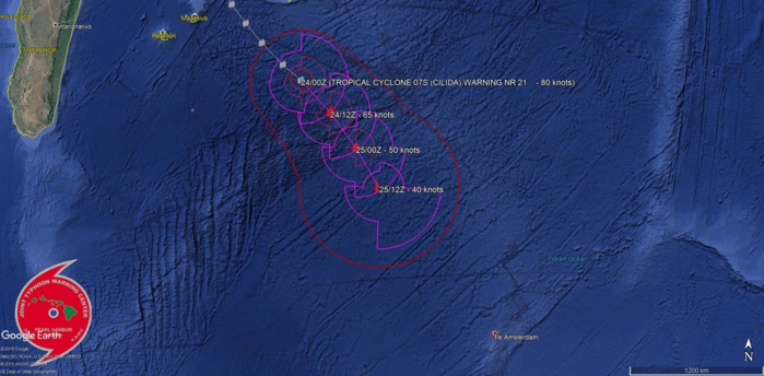 La dernière position de cette prévision de trajectoire place le système alors extra-tropical à quelques 1100km de l'île Amsterdam.