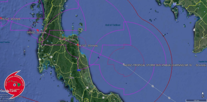 Trajectoire prévue du système avec un atterrage prévu dans un peu moins de 12heures au sud est de Surat Thani qui est le port principal d'embarcation vers la fameuse Ko Samui.