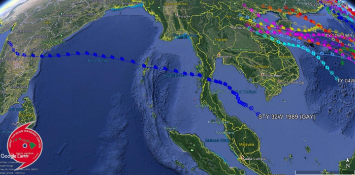 GAY en 1989 frappe la Thaïlande au stade de cyclone intense puis s'intensiifie en Super Cyclone sur le Golfe du Bengale. Classé en Cat5 US, la maximale.