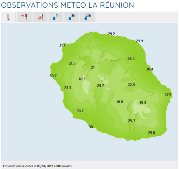 Carte de Météo France Réunion des températures sous abri à 8h. Carte de Météo France Réunion des températures sous abri à 8h.