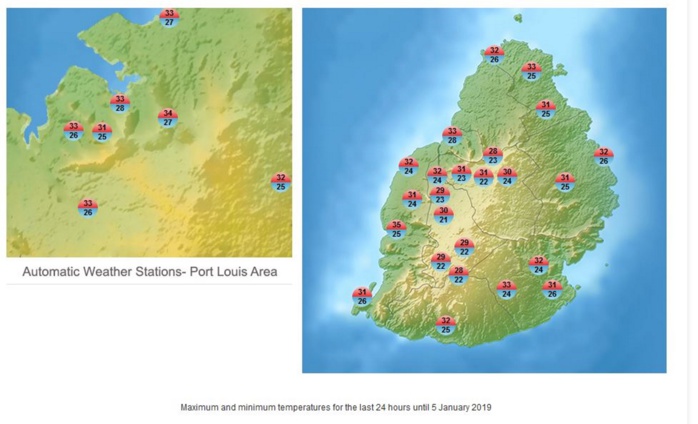 Carte de MMS/Vacoas avec les maximales du 05 Janvier à Maurice. 35°C à Rivière Noire et 34°C au Champ de Mars.