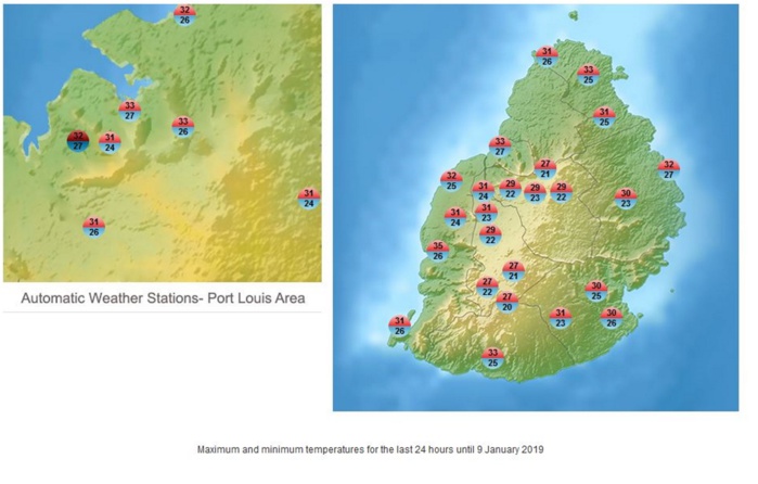 Températures maximales du jour sous abri dans les stations de MMS/Vacoas. 35°C à Rivière Noire. Températures maximales du jour sous abri dans les stations de MMS/Vacoas. 35°C à Rivière Noire.