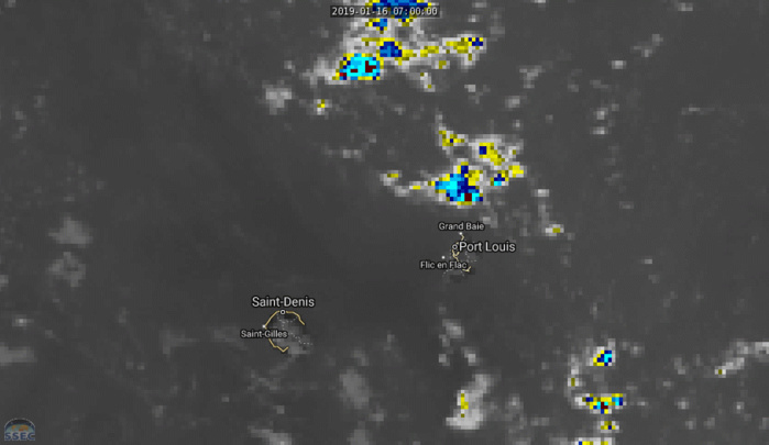 CLIQUEZ sur l'image pour l'animer.L'instabilité visible dans le voisinage de Maurice pourrait s'apporcher et toucher le nord et l'est de la Réunion la nuit prochaine.