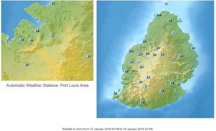 Pluies des dernières 24h à Maurice. Sur le nord est l'ouest elles sont tombées en début d'après midi. MMS/Vacoas. Pluies des dernières 24h à Maurice. Sur le nord est l'ouest elles sont tombées en début d'après midi. MMS/Vacoas.