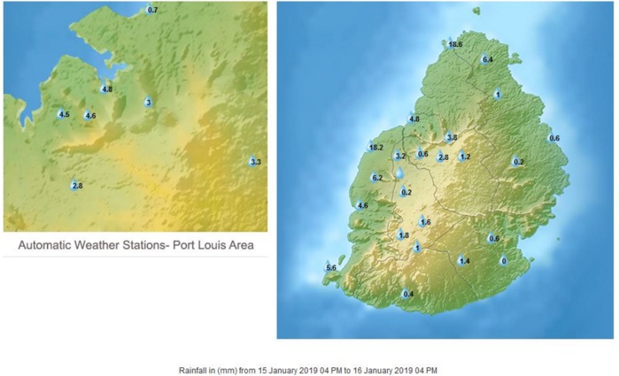 Pluies des dernières 24h à Maurice. Sur le nord est l'ouest elles sont tombées en début d'après midi. MMS/Vacoas.