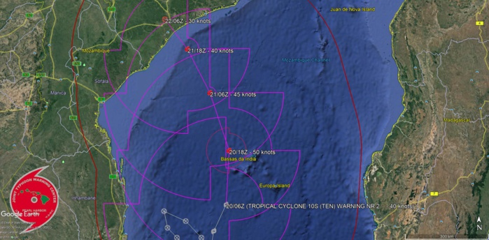 Trajectoire et intensité prévues par le JTWC dans son second "warning" sur ce système.NB: "tropical cyclone" est le terme scientifique qui regroupe les systèmes à l'intensité de dépression, tempête et cyclones tropicaux.