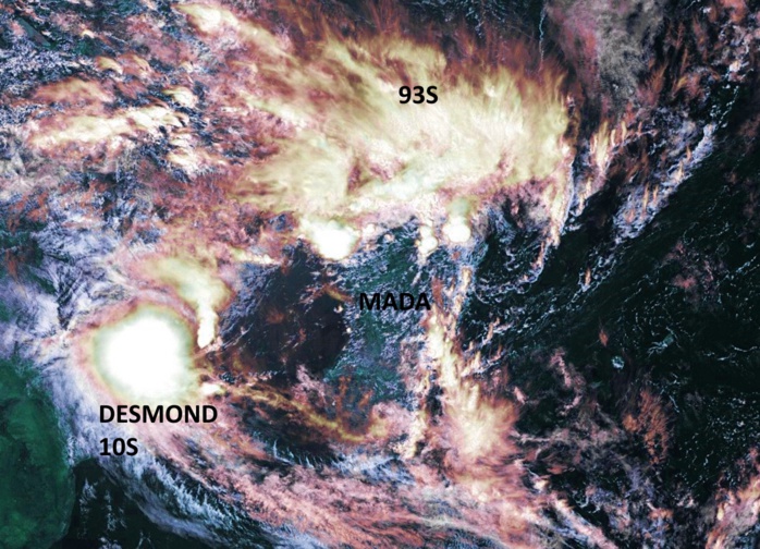 DESMOND(10S): grosse bouffée de convection ces dernières heures. 93S est bien visible sur le nord de la Grande Ile. Les Iles Soeurs sont dans une zone sèche et chaude. Météosat 14h,ABanks, que j'ai travaillée un peu.