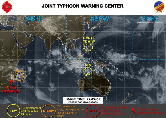 La carte du JTWC vient de sortir et comme je vous le disais 93S est passé en Medium(voir explications plus haut). Certaines zones mentionnées ne sont pas sur cette carte mais sont suivies néanmoins et sont sur les cartes du JTWC mais en "interne". La carte du JTWC vient de sortir et comme je vous le disais 93S est passé en Medium(voir explications plus haut). Certaines zones mentionnées ne sont pas sur cette carte mais sont suivies néanmoins et sont sur les cartes du JTWC mais en "interne".