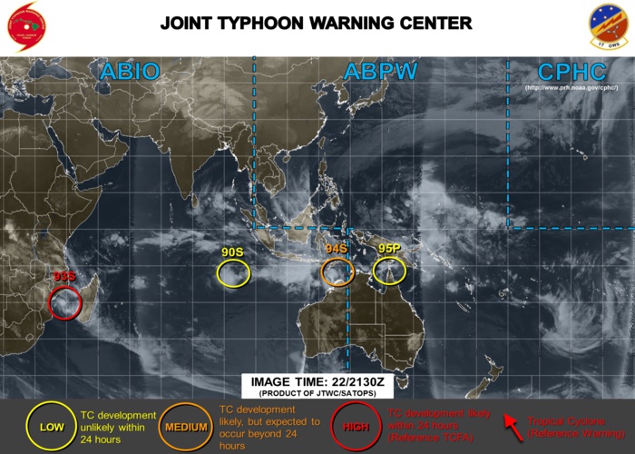Si l'on exclut les résidus de DESMOND(10S) sur le Mozambique et la zone 90B sur le sud du Golfe du Bengale mais qui n'est pas sur cette carte pour le public, 4 systèmes sont sous surveillance. JTWC Si l'on exclut les résidus de DESMOND(10S) sur le Mozambique et la zone 90B sur le sud du Golfe du Bengale mais qui n'est pas sur cette carte pour le public, 4 systèmes sont sous surveillance. JTWC