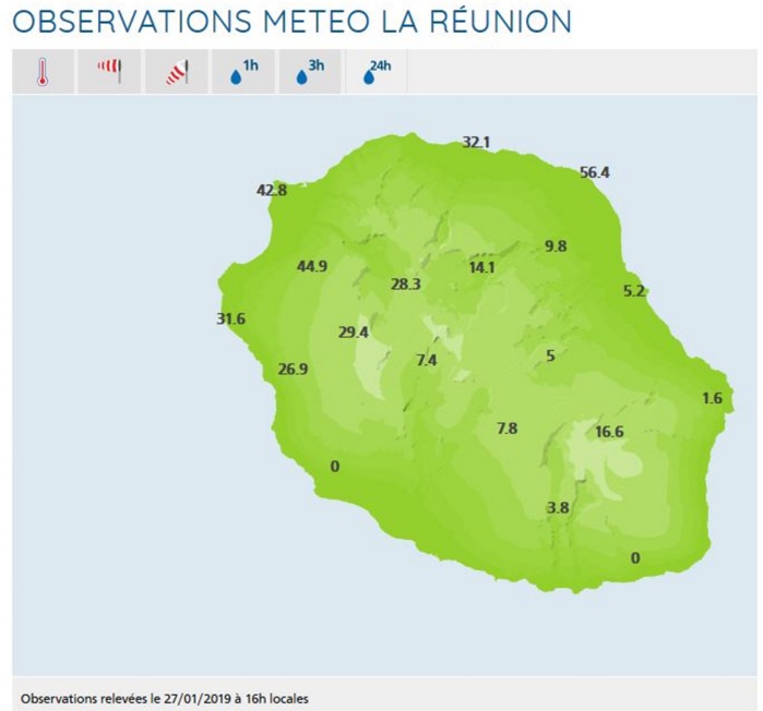 Stations de Météo France Réunion. Cumuls de pluie en 24h à 16h aujourd'hui. Seule la station du Colosse rapporte plus de 50mm en 24h. Stations de Météo France Réunion. Cumuls de pluie en 24h à 16h aujourd'hui. Seule la station du Colosse rapporte plus de 50mm en 24h.