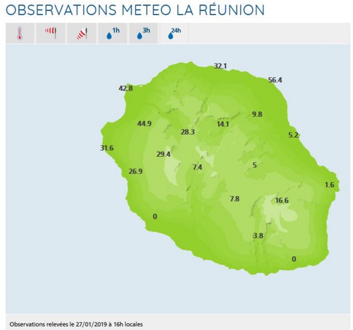Stations de Météo France Réunion. Cumuls de pluie en 24h à 16h aujourd'hui. Seule la station du Colosse rapporte plus de 50mm en 24h.