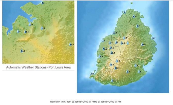 Stations MMS/Vacoas. Pluies en 24h à 19h.