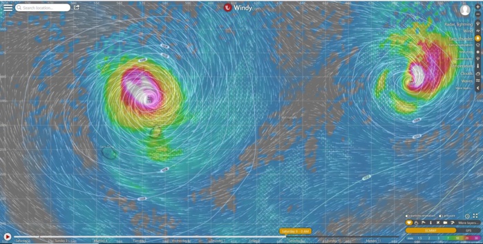 Simulation du modèle européen le 09 Février en début de journée. Pas un mais deux systèmes sur la zone dont un puissant aux portes de Maurice. Le modèle reste relativement stable dans ses simulations mais les autres modèles ne l'ont pas rejoint pour le moment. Seul le modèle britannique commence à s'en approcher.