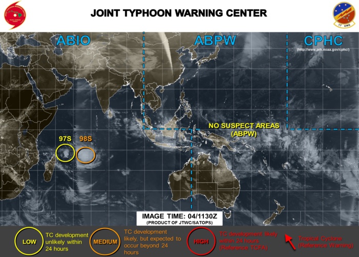98S et 97S sont sur les cartes du Joint Typhoon Warning Center qui estime les chances de développement de 98S supérieures à courte échéance. 97S pourrait s'intensifier à moyenne échéance.