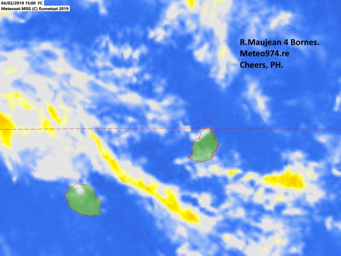 Météosat 19h. L'animation jusqu'à 21h montre que la bande au large de la Réunion s'est dissipée. Image Raoul Maujean.