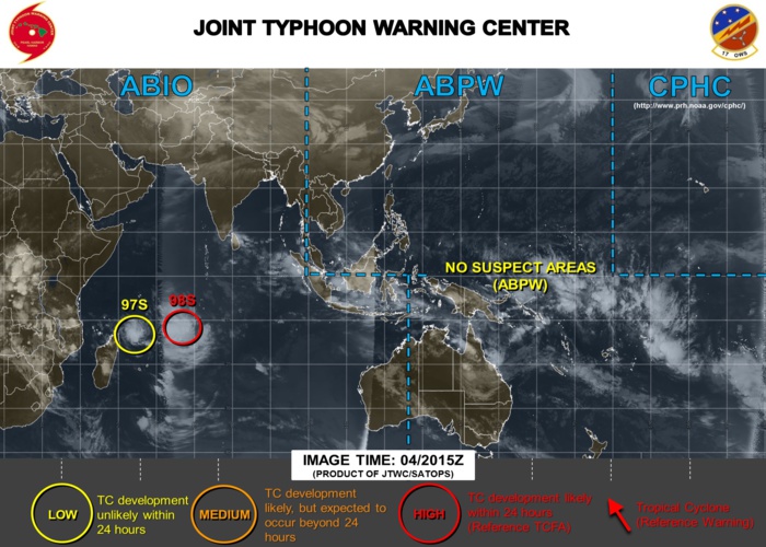 Carte du JTWC: 98S a de fortes chances de s'intensifier en dépression tropicale dans les prochaines heures. De son côté 97S est sous surveillance. Carte du JTWC: 98S a de fortes chances de s'intensifier en dépression tropicale dans les prochaines heures. De son côté 97S est sous surveillance.