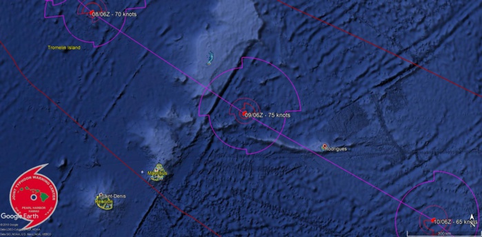 Trajectoire et intensité prévues pour GELENA par le JTWC à l'heure actuelle. Le système pourrait passer très près de Rodrigues dans la journée de Samedi au stade de cyclone tropical.