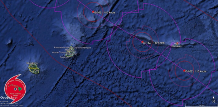 Prévisions de trajectoire et d'intensité du JTWC. Le cyclone intense voire très intense GELENA pourrait passer à environ 230km de Maurice et une centaine de kms de Rodrigues. La prévision sera ajustée en temps réel toutes les 6 heures. Prévisions de trajectoire et d'intensité du JTWC. Le cyclone intense voire très intense GELENA pourrait passer à environ 230km de Maurice et une centaine de kms de Rodrigues. La prévision sera ajustée en temps réel toutes les 6 heures.