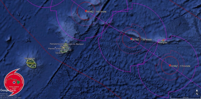 Prévisions de trajectoire et d'intensité du JTWC. Le cyclone intense voire très intense GELENA pourrait passer à environ 230km de Maurice et une centaine de kms de Rodrigues. La prévision sera ajustée en temps réel toutes les 6 heures.