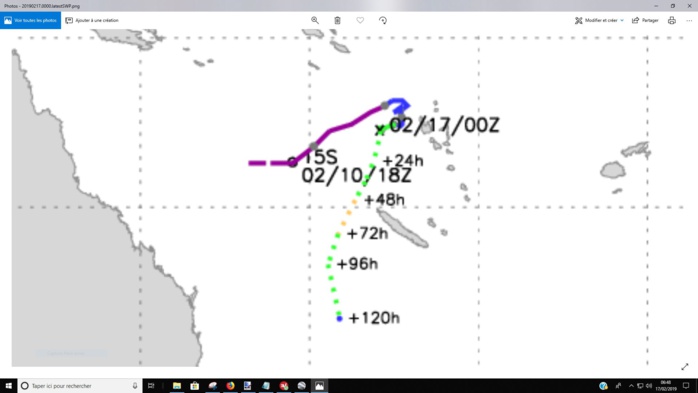 Trajectoire et intensité prévues par le JTWC en ce 17/02 à 00h temps universel. Trajectoire et intensité prévues par le JTWC en ce 17/02 à 00h temps universel.