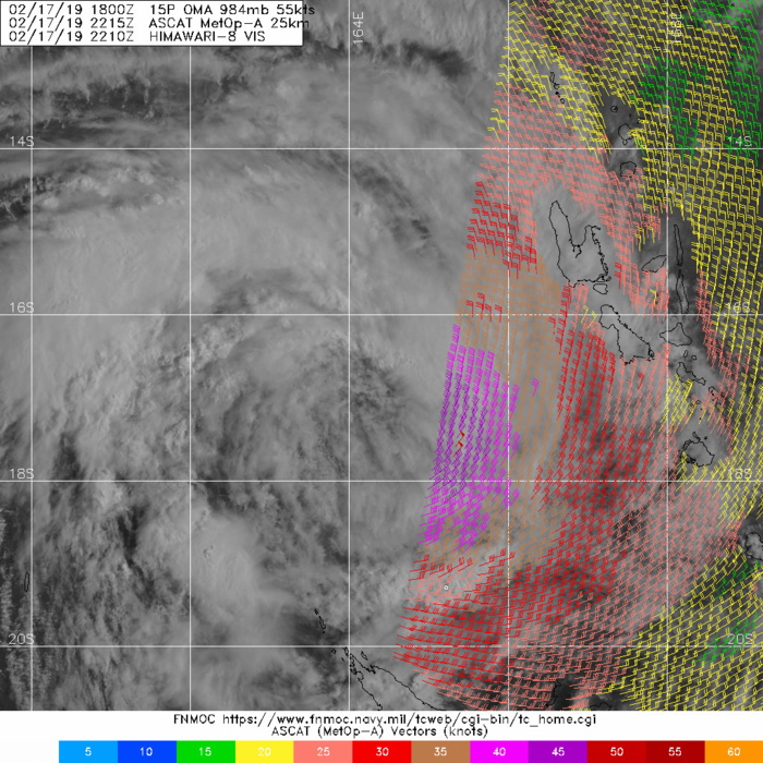03UTC: OMA(15P): struggling over cooler seas, but pushing south-southwest and forecast to intensify after 12/24hours