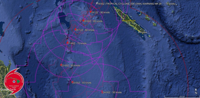 Cyclone OMA(15P), Category 1US, tracking 130km west of the Belep islands where 140km/h gusts are reported Cyclone OMA(15P), Category 1US, tracking 130km west of the Belep islands where 140km/h gusts are reported