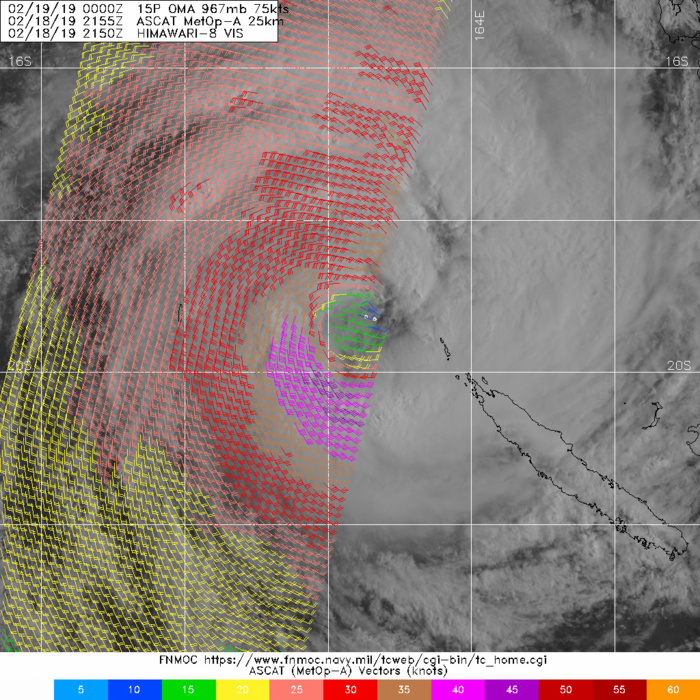Cyclone OMA(15P), Category 1US, tracking 130km west of the Belep islands where 140km/h gusts are reported Cyclone OMA(15P), Category 1US, tracking 130km west of the Belep islands where 140km/h gusts are reported
