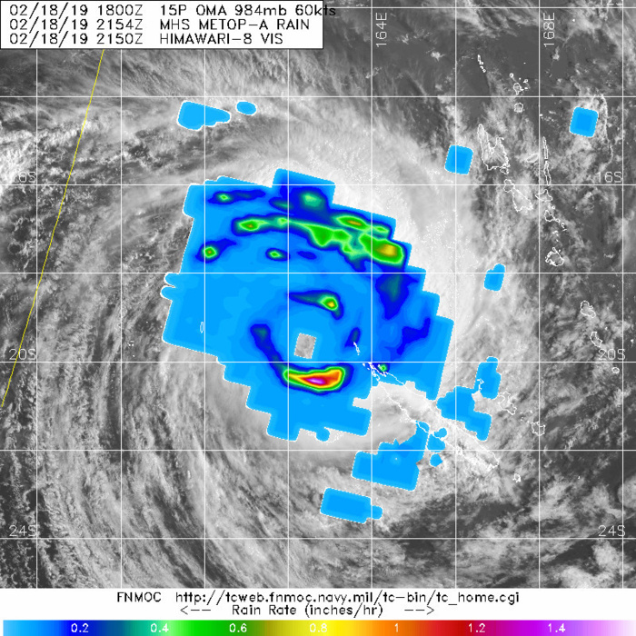 Cyclone OMA(15P), Category 1US, tracking 130km west of the Belep islands where 140km/h gusts are reported Cyclone OMA(15P), Category 1US, tracking 130km west of the Belep islands where 140km/h gusts are reported