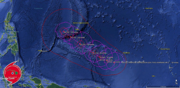 15UTC: TD 02W forecast to intensify rapidly to a Category 3 US in 3 days while approaching the Yap/Guam area