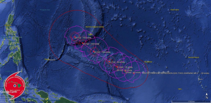 15UTC: TD 02W forecast to intensify rapidly to a Category 3 US in 3 days while approaching the Yap/Guam area