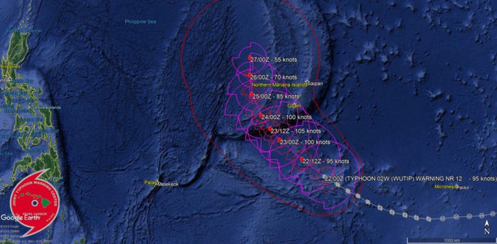 03UTC: typhoon Wutip(02W) Category 2 US, intensifying and approaching Guam area