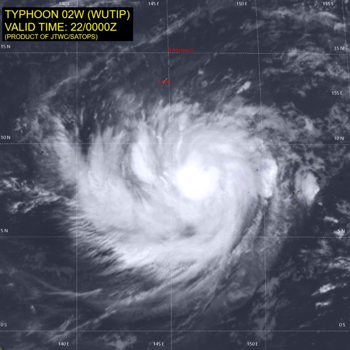 03UTC: typhoon Wutip(02W) Category 2 US, intensifying and approaching Guam area