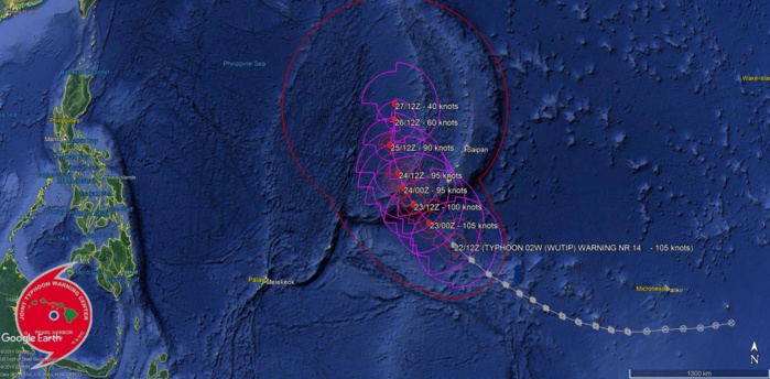 15UTC: typhoon Wutip(02W) Category 3 US near peak intensity, forecast CPA to Guam: 250km in apprx 24h. 15UTC: typhoon Wutip(02W) Category 3 US near peak intensity, forecast CPA to Guam: 250km in apprx 24h.
