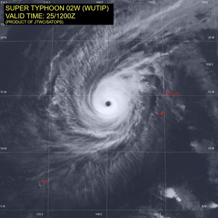 15UTC: Super Typhoon WUTIP(02W) ,Category 4 US, slow-moving and forecast to weaken rapidly after 24hours 15UTC: Super Typhoon WUTIP(02W) ,Category 4 US, slow-moving and forecast to weaken rapidly after 24hours