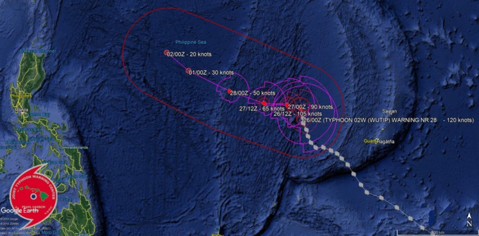 03UTC: Typhoon WUTIP(02W) ,Category 4 US, slow-moving and forecast to weaken rapidly after 24hours, no threat to land 03UTC: Typhoon WUTIP(02W) ,Category 4 US, slow-moving and forecast to weaken rapidly after 24hours, no threat to land