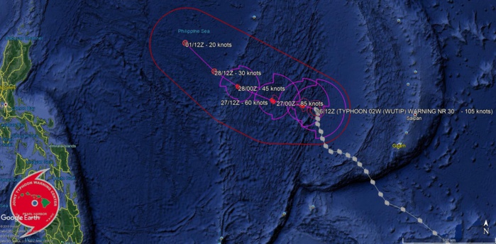 15UTC: Typhoon WUTIP(02W) ,Category 3 US, forecast to weaken rapidly next 72hours, no threat to land 15UTC: Typhoon WUTIP(02W) ,Category 3 US, forecast to weaken rapidly next 72hours, no threat to land