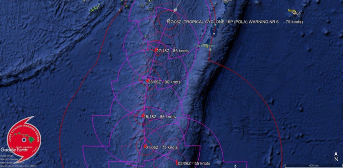 09UTC: Cyclone POLA(16P) Category 1 US, intensifying and tracking more than 200km to the west of Nuku 'alofa 09UTC: Cyclone POLA(16P) Category 1 US, intensifying and tracking more than 200km to the west of Nuku 'alofa