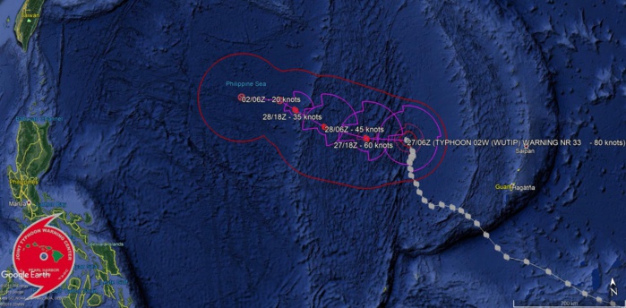 09UTC: Typhoon WUTIP(02W) category 1 US, weakening rapidly and forecast to fall below 35knots in 48hours 09UTC: Typhoon WUTIP(02W) category 1 US, weakening rapidly and forecast to fall below 35knots in 48hours
