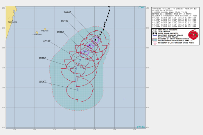 09UTC: cyclone HALEH(17S) category 1 US is weakening, extratropical transition set to begin in 36hours 09UTC: cyclone HALEH(17S) category 1 US is weakening, extratropical transition set to begin in 36hours