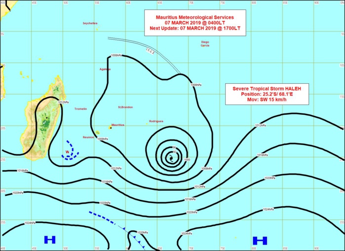 Carte établie par la météo mauricienne à 04h. Des Mascareignes seule Rodrigues reste exposée à des vents assez forts même s'ils ont tendence à faiblir. Vents faibles sur les Iles Soeurs.