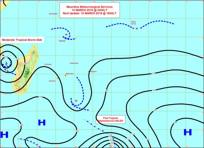 Carte synoptique établie par MMS/Vacoas à 04h ce matin. Vents faibles sur la Réunion et Maurice.