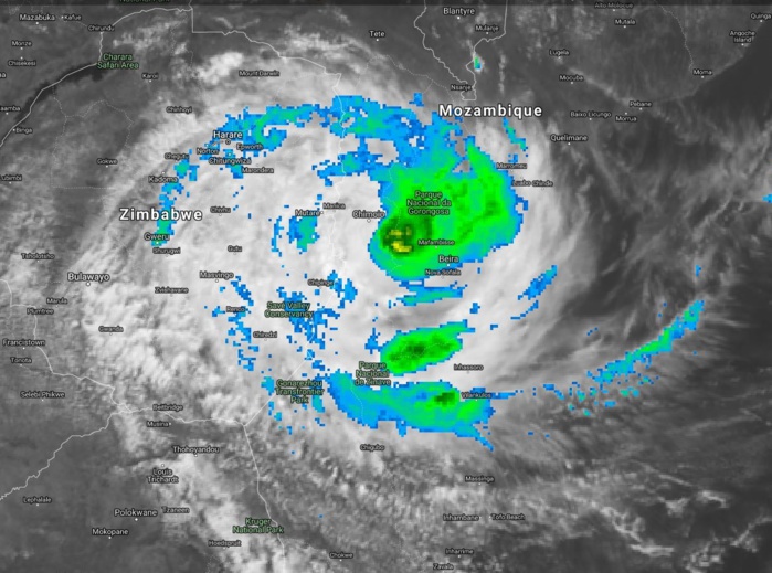 09UTC: TC IDAI(18S) is over overland now, Maximum intensity reached over water was 110knots, top Category 3 US 09UTC: TC IDAI(18S) is over overland now, Maximum intensity reached over water was 110knots, top Category 3 US