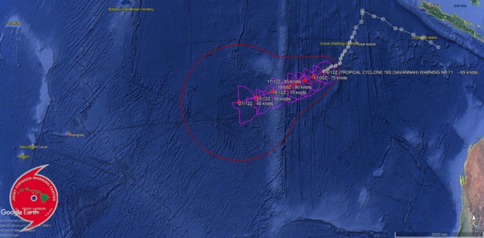 15UTC: TC SAVANNAH(19S) category 1 US may reach top cat2 or even cat3 within 48hours over the open South Indian seas