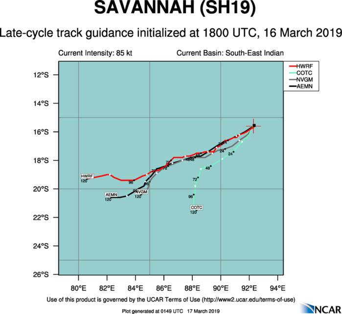 03UTC: TC SAVANNAH(19S) category 2 US intensifying over the open waters of the South Indian Ocean 03UTC: TC SAVANNAH(19S) category 2 US intensifying over the open waters of the South Indian Ocean