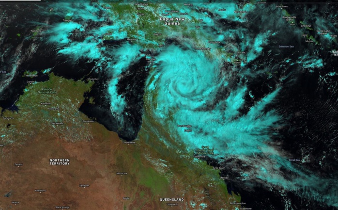 03UTC: TC TREVOR(20P) intensifying rapidly over the Coral Sea with expected landfall over Cape York shortly before 36h