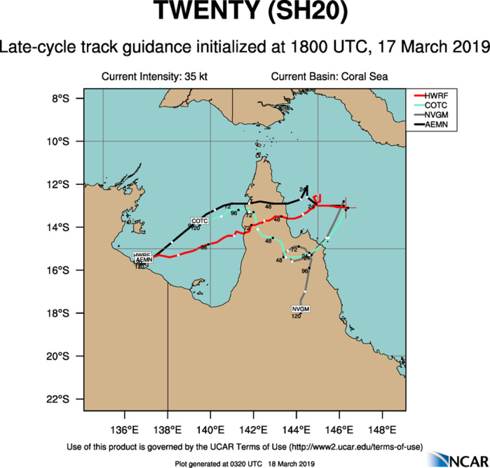 03UTC: TC TREVOR(20P) intensifying rapidly over the Coral Sea with expected landfall over Cape York shortly before 36h