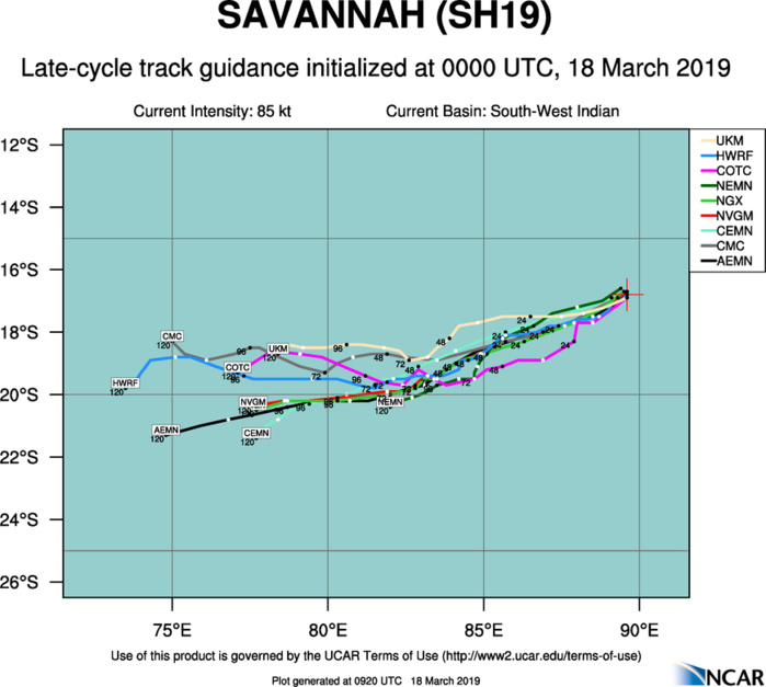 09UTC: TC SAVANNAH(19S) category 1 US is weakeing over the open seas of the South Indian Ocean