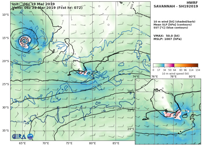 15UTC: SOUTH INDIAN: TC SAVANNAH(19S) with flaring convection but still expected to fall below 35knots intensity in 36hours