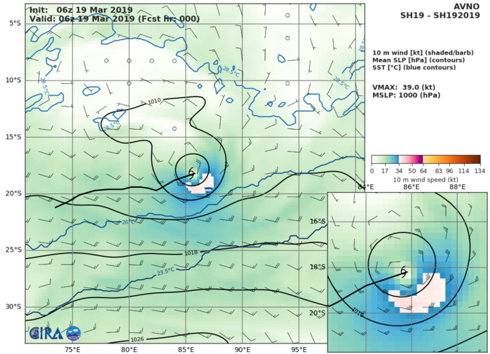 15UTC: SOUTH INDIAN: TC SAVANNAH(19S) with flaring convection but still expected to fall below 35knots intensity in 36hours